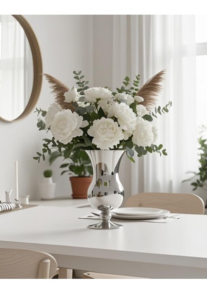 Gümüş Renk Vazo Ayna Kaplama Ayaklı Xxl Boy Kalın Kesme Cam 30 cm