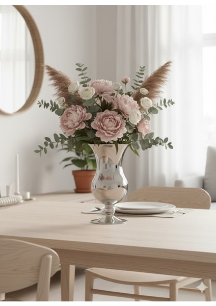 Gümüş Renk Vazo Ayna Kaplama Ayaklı Xxl Boy Kalın Kesme Cam 30 cm fiyatları