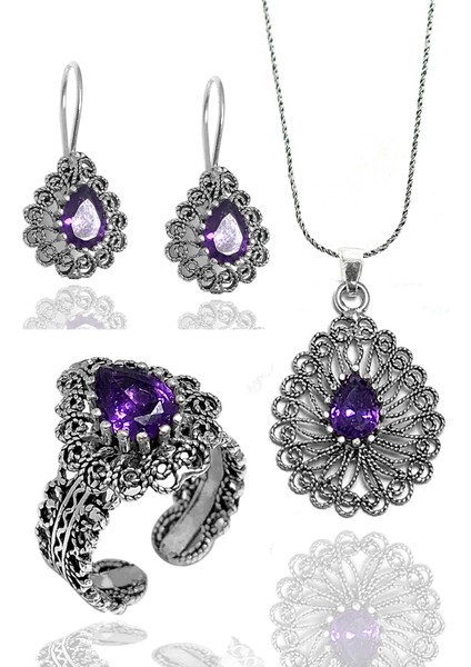 Ametist Taşlı Damla Model Kadın 925 Ayar Gümüş Telkari Üçlü Set 201024778