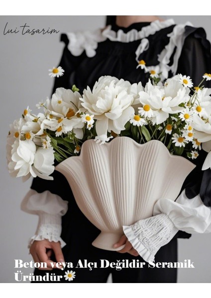 Krem Istiridye Vazo Doğal Seramik Krem Rengi (Beton Alçı Değildir Büyük Boy) indirimleri