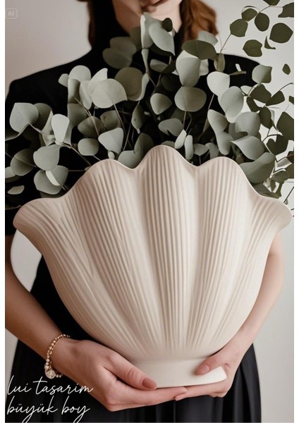 Krem Istiridye Vazo Doğal Seramik Krem Rengi (Beton Alçı Değildir Büyük Boy)