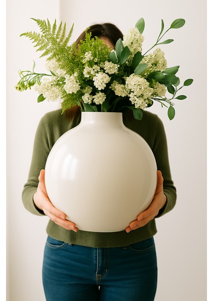 Özel Tasarım Cam Modern Büyük Xl Boy Davet Özel Gün Masaları Sade Şık Zarif Beyaz Vazo 27*27*11