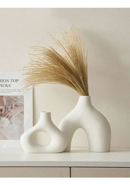 Krem Rengi Vazo 2'li Seramik Xl Boy Bohem Sade Şık Modern Tasarım