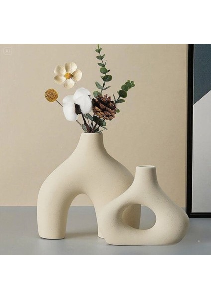 Krem Rengi Vazo 2'li Seramik Xl Boy Bohem Sade Şık Modern Tasarım fiyatları