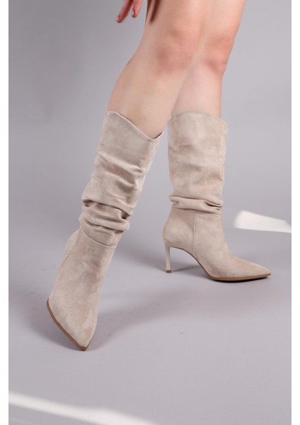 Arlon Büzgülü Çekme Topuklu Çizme Bej modelleri