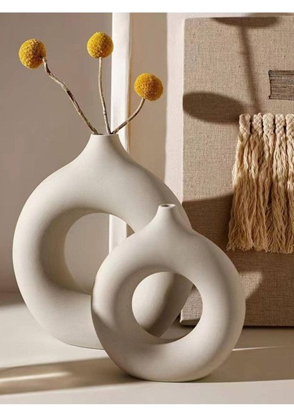 Krem Rengi Xxl Boy Seramik 2li Halka Vazo Set 31 cm Beton Alçı Değildir