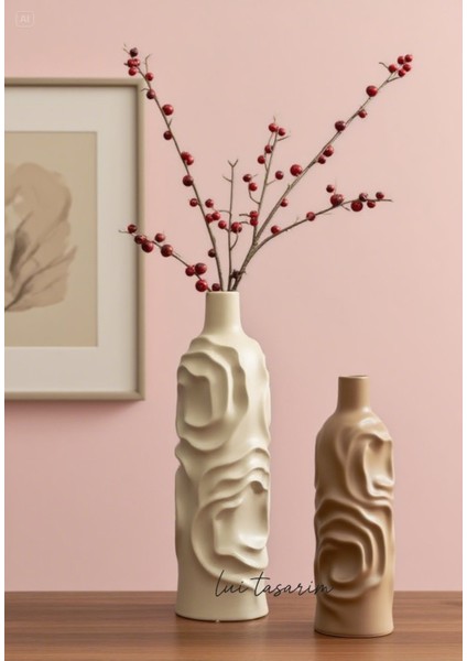 Krem -Karton Rengi Vazo 2'li Seramik Set Arin Vazo Bohem Iskandinav Japon Tarzı