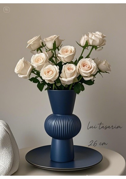 Uzun Koyu Mavi Bohem Büyük Boy Seramik Nordic Tarz Şık Sade Iskandinav Tarzı Vazo Seramik 26 cm