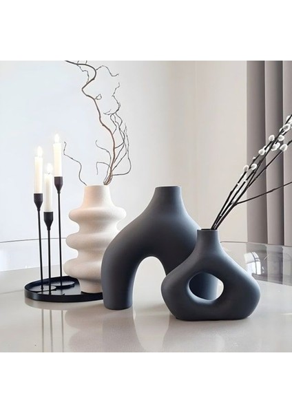 Siyah Vazo 2'li Seramik Xl Boy Bohem Sade Şık Modern Tasarım