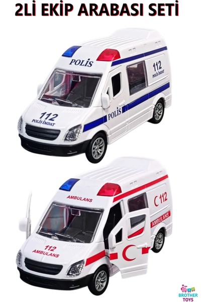 2'li Ekip Arabası Seti Ambulans ve Polis Sürtmeli Oyuncak Araba 12 Cm.