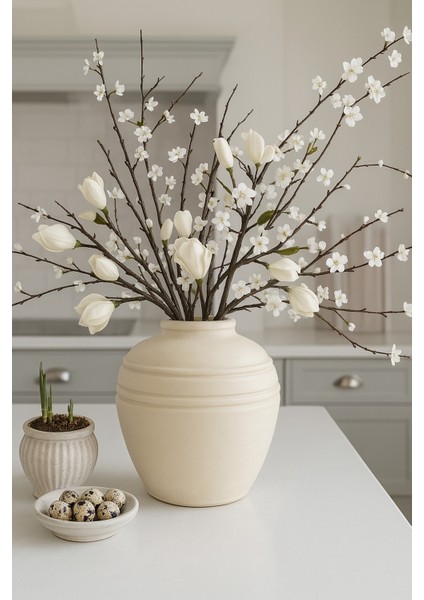 Krem Rengi Seramik Bohem Küp Vazo 28*28 cm Büyük Boy indirimleri