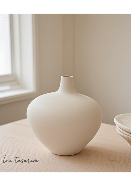 Krem Renk Luna Vazo Seramik El Yapımı Trend Iskandinav 19*22*3 cm Bohem Dekorasyon