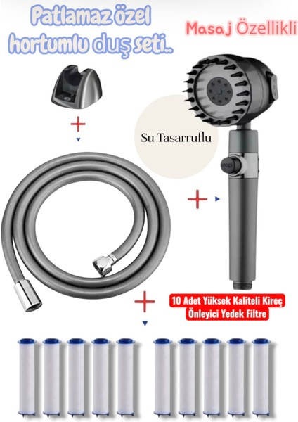(Gri)Özel Duş Seti Patlamaz Hortum Kireç Önleyici Başlık