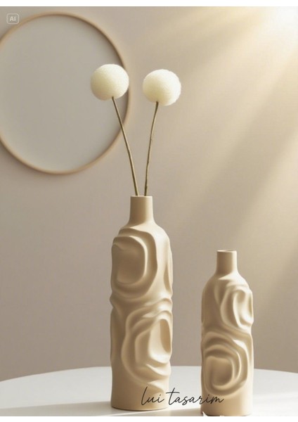 Krem Rengi Vazo 2'li Seramik Set Arin Vazo Bohem Iskandinav Japon Tarzı
