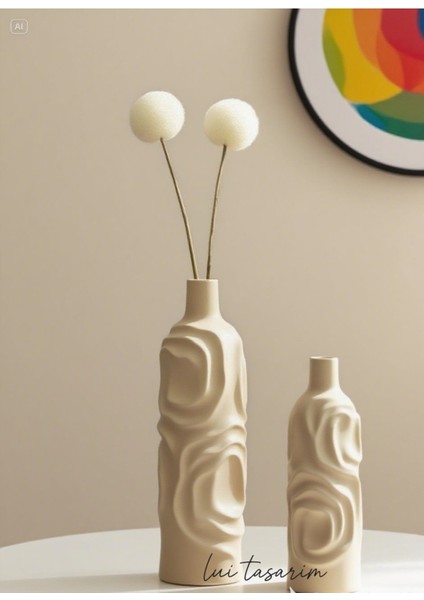 Krem Rengi Vazo 2'li Seramik Set Arin Vazo Bohem Iskandinav Japon Tarzı modelleri
