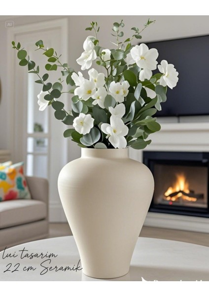 Krem Seramik Küp Vazo 22 cm Dekorasyon Modern Minimalist Bohem Sade Şık