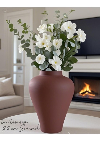 Kahverengi Seramik Küp Vazo 24 cm Dekorasyon Modern Minimalist Bohem Sade Şık