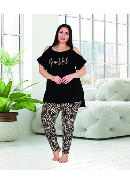 Lady Büyük Beden Çizgili Kısa Kollu Uzun Pijama Takımı