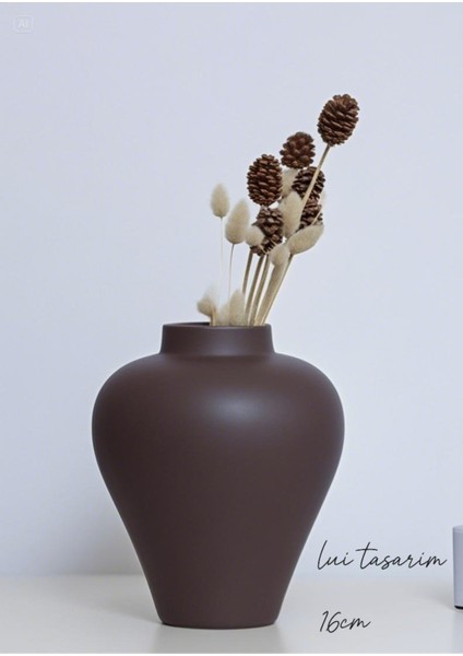 Zarif Iskandinav Tarzı Sade Seramik Mat Kahverengi Vazo 16 cm