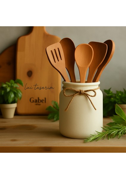 Krem Rengi Seramik Tezgah Üstü Kaşıklık 17CM Mutfak Dekorasyon Tahta Kaşıklık