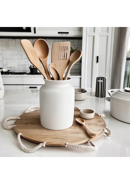 Krem Rengi Seramik Tezgah Üstü Kaşıklık 17CM Mutfak Dekorasyon Tahta Kaşıklık modelleri