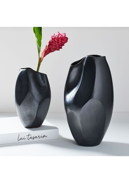 Siyah Renk Seramik Vazo 2'li Set Emila Dekoratif Vazo Modern Sade Şık 32CM 25 cm
