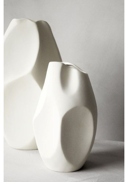 Krem Renk Seramik Vazo 2'li Set Emila Dekoratif Vazo Modern Sade Şık 32CM 25 cm