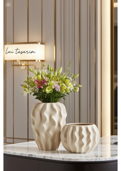 Krem Rengi Mat Seramik 2li Vazo Seti Stonware Büyük Boy Mona Vazo