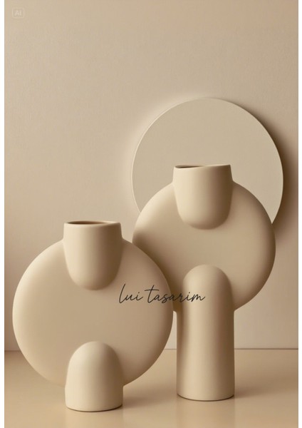 Krem Rengi Seramik 2'li Vazo Iskandinav Japon Tarzı Trend Dekorasyon 18*28