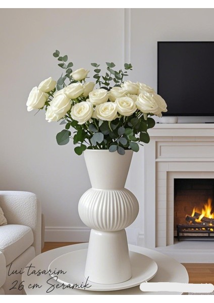 Uzun Beyaz Bohem Büyük Boy Seramik Nordic Tarz Beyaz Sade Iskandinav Tarzı Vazo Seramik 25CM