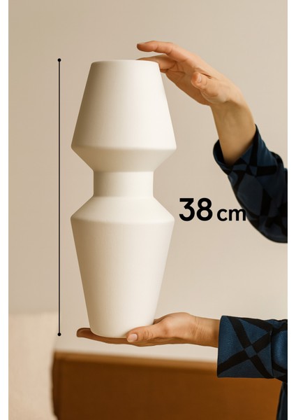 Dekoratif Iskandinav Bohem Modern Tarz Krem Renk Vazo Seramik Xxl Boy El Yapımı Seramik Vazo 38 cm