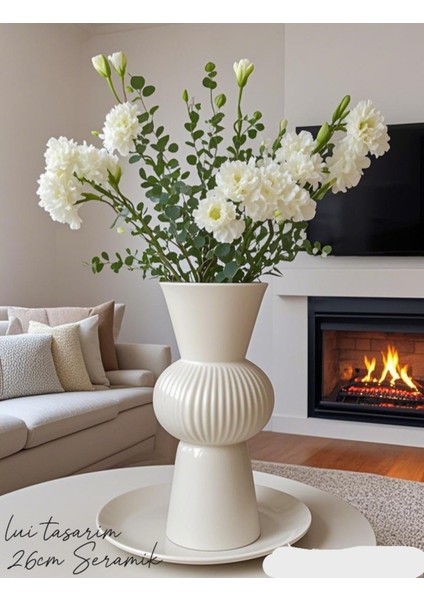 Krem Uzun Bohem Büyük Boy Seramik Nordic Tarz Şık Sade Iskandinav Tarzı Vazo Seramik 26CM