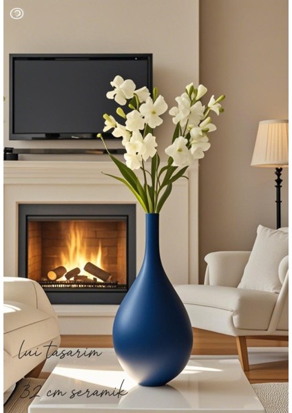 Vazo Seramik El Yapımı Koyu Mavi Trend Iskandinav 32 cm Büyük Merlin Vazo Modern Çiçek Ahşap Dekor