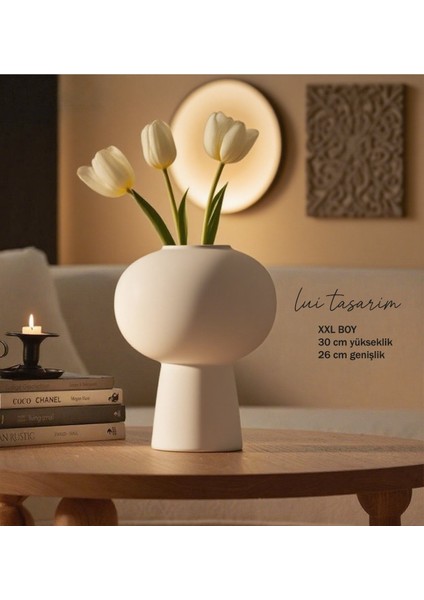 Krem Rengi Lotus Vazo Xxl Boy Seramik Modern Ev Ofis Otel Dekorasyon