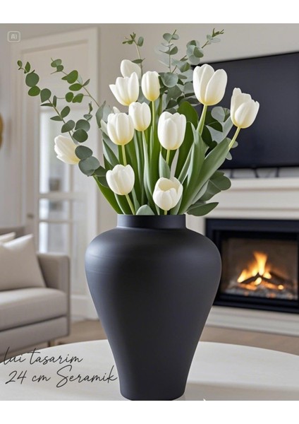 Siyah Seramik Mat Siyah Vazo Iskandinav Tarzı Ahşap Dekor 24 cm Xl Büyük Boy