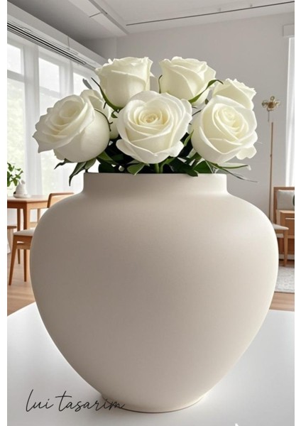 Seramik Vazo Krem Rengi Modern Bohem Tarz Aden Vazo 20*10 cm