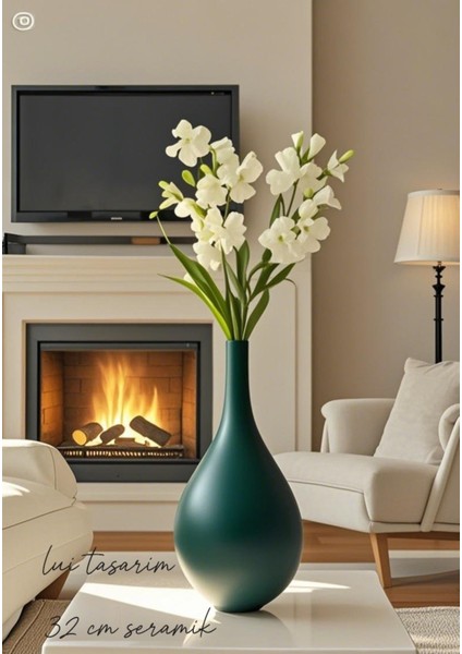Yeşil Vazo Seramik El Yapımı Trend Iskandinav 32 cm Büyük Merlin Vazo Modern Çiçek Ahşap Dekor