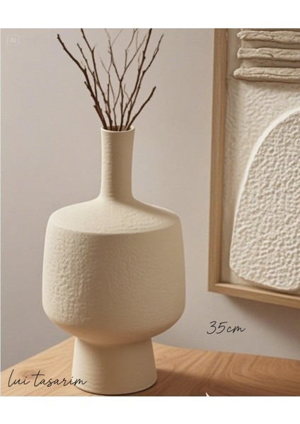 Krem Rengi Vazo Seramik Kendinden Doğal Dokulu 35 cm Vazo