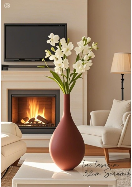 Uzun Vazo Seramik El Yapımı Kiremit (Terracota) Rengi Trend Iskandinav 32 cm Ahşap Dekor