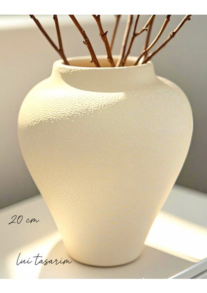 Dokulu Krem Rengi 20 cm Doğal Seramik Dokulu Vazo El Yapımı Sade Bohem Trend Minimalist Tasarım