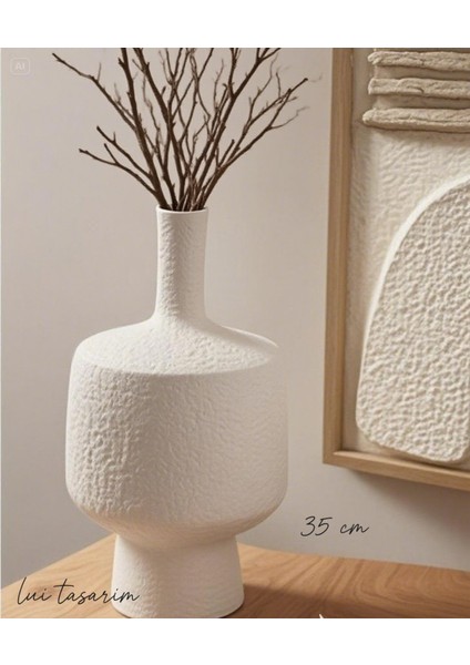 Beyaz Vazo Seramik Kendinden Dokulu Büyük Boy Amorf Vazo 35 cm