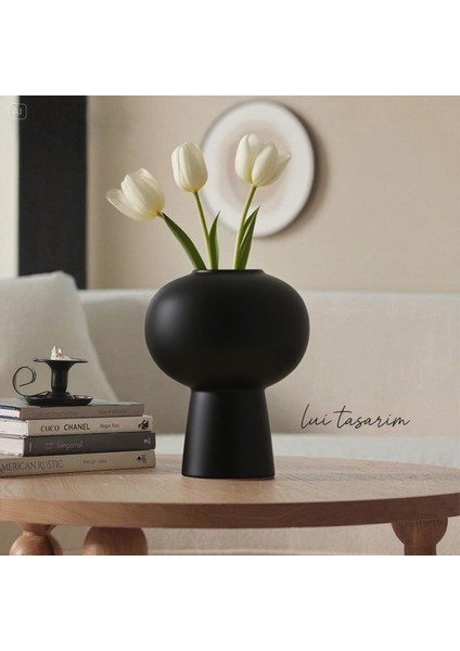 Siyah Rengi Lotus Vazo Xxl Boy Seramik Modern Ev Ofis Otel Dekorasyon