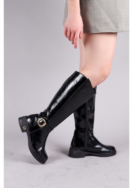 Olabu Gold Tokalı Cilt Düz Çizme Siyah