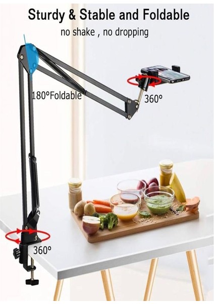 Teleskopik Telefon Tripodu 360 Derece Ayarlanabilir Masaüstü Süspansiyonlu Üst Çekim Yayıncı Standı