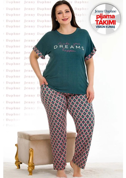 Lady Büyük Beden Viskon Kumaş Kısa Kollu Pijama Takımı