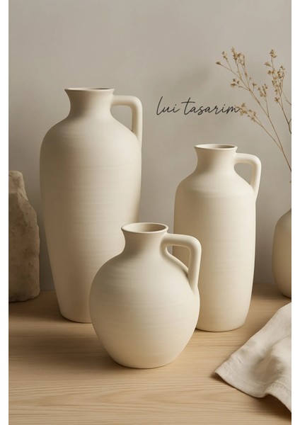 Krem Rengi Doğal El Yapımı Rusel Seramik 3'lü Vazo Seti 30*25*18 cm