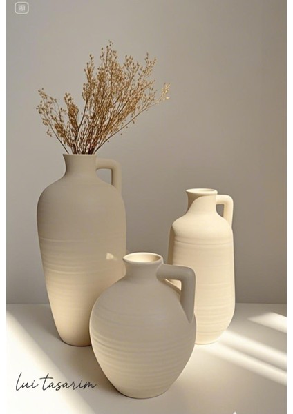 Krem Rengi Doğal El Yapımı Rusel Seramik 3'lü Vazo Seti 30*25*18 cm fiyatları
