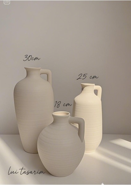 Krem Rengi Doğal El Yapımı Rusel Seramik 3'lü Vazo Seti 30*25*18 cm modelleri