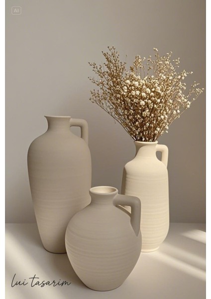 Krem Rengi Doğal El Yapımı Rusel Seramik 3'lü Vazo Seti 30*25*18 cm fırsatları