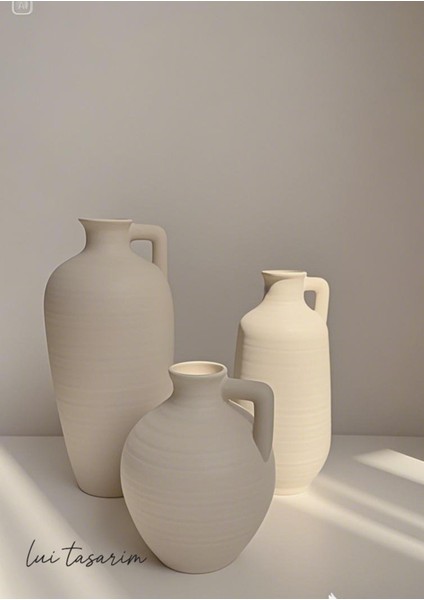 Krem Rengi Doğal El Yapımı Rusel Seramik 3'lü Vazo Seti 30*25*18 cm indirimleri